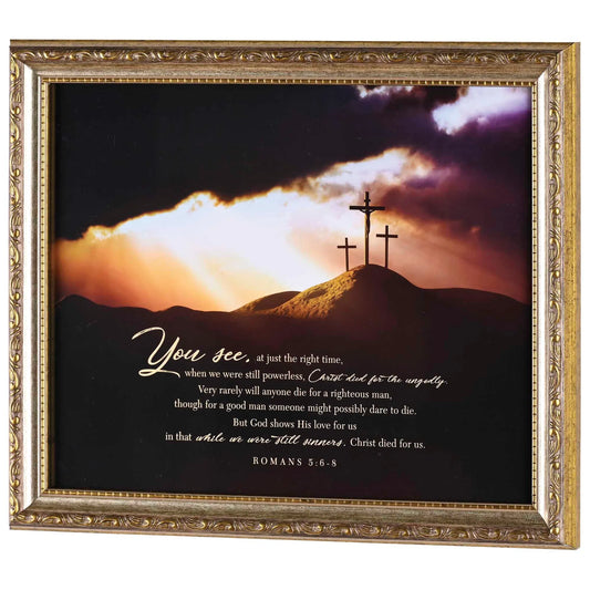 Three Crosses at Golgatha - Romans 5:6-8 Framed Wall Art