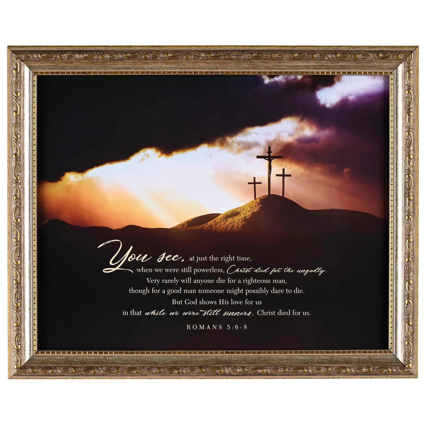 Three Crosses at Golgatha - Romans 5:6-8 Framed Wall Art